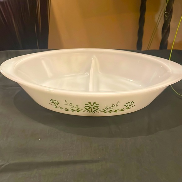 Vintage Glasbake Casserole Dish 1QT Green Daisy Milk Glass Oval 12" Divided - Picture 1 of 5